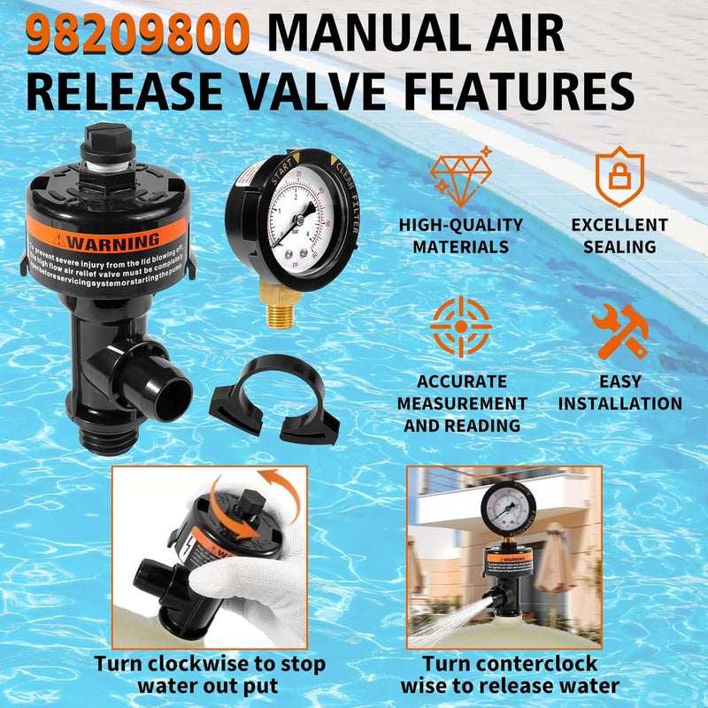 SOASEMBE 98209800 Manual Air Relief Valve Assembly with Pool Filter Pressure Gauge, Spa Pool Filter Pressure Valve Compatible with Pentair Air Relief Valve Fit for FNS, Clean and Clear, Quad De, 4000 Series - Image 5